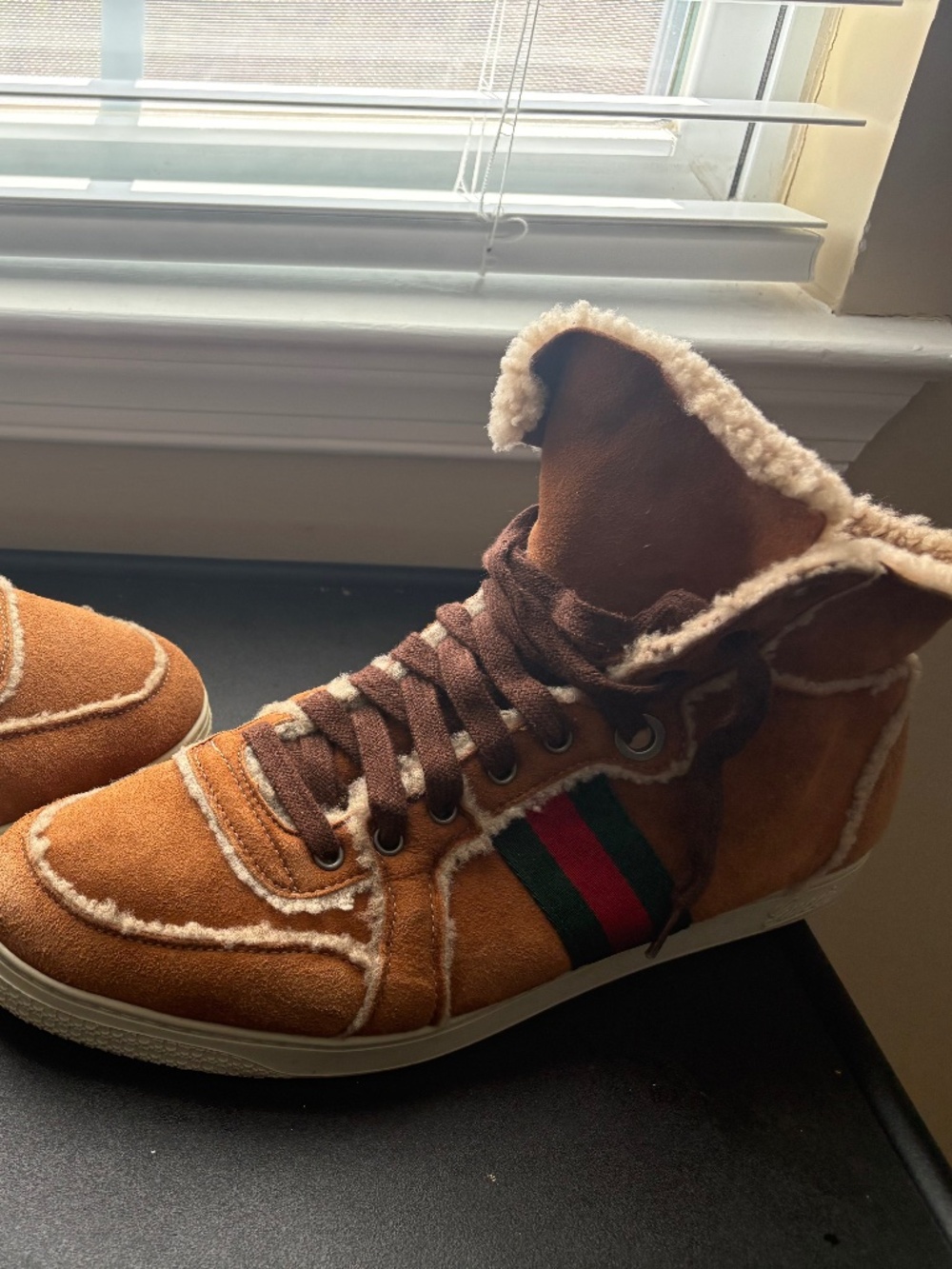 Gucci brown suede shearling ace sneakers